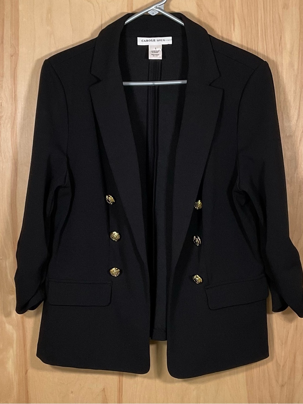 Carole Wren Black Open Front Blazer Jacket Gold Buttons - Like New